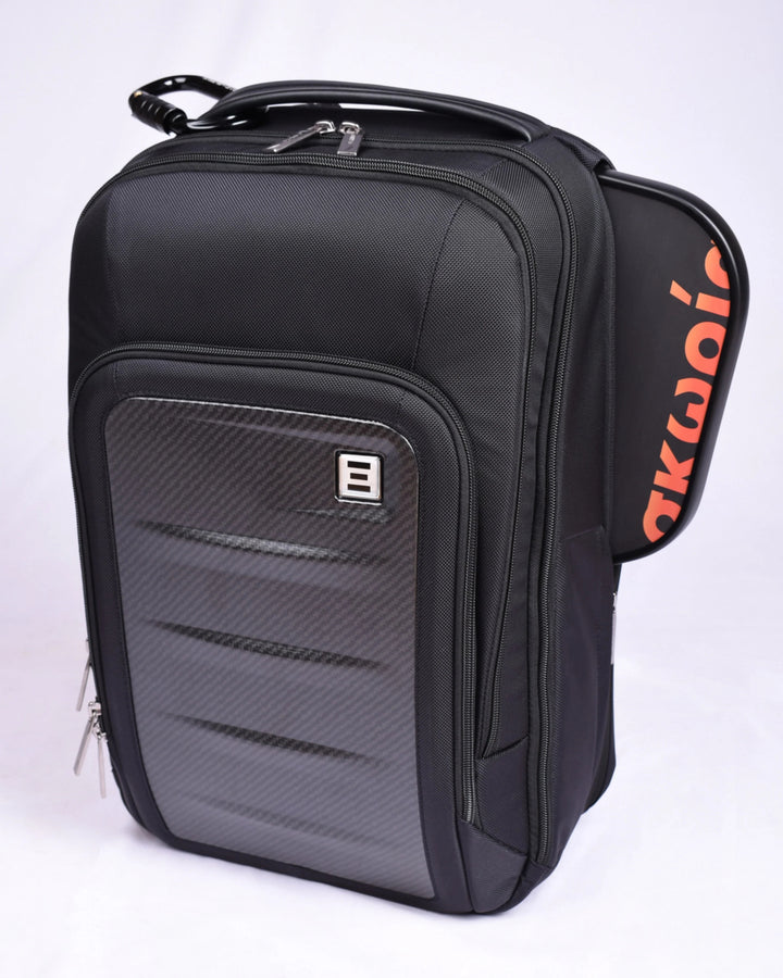 Black backpack with Ethos Pickleball logo and paddle sticking out of side pocket