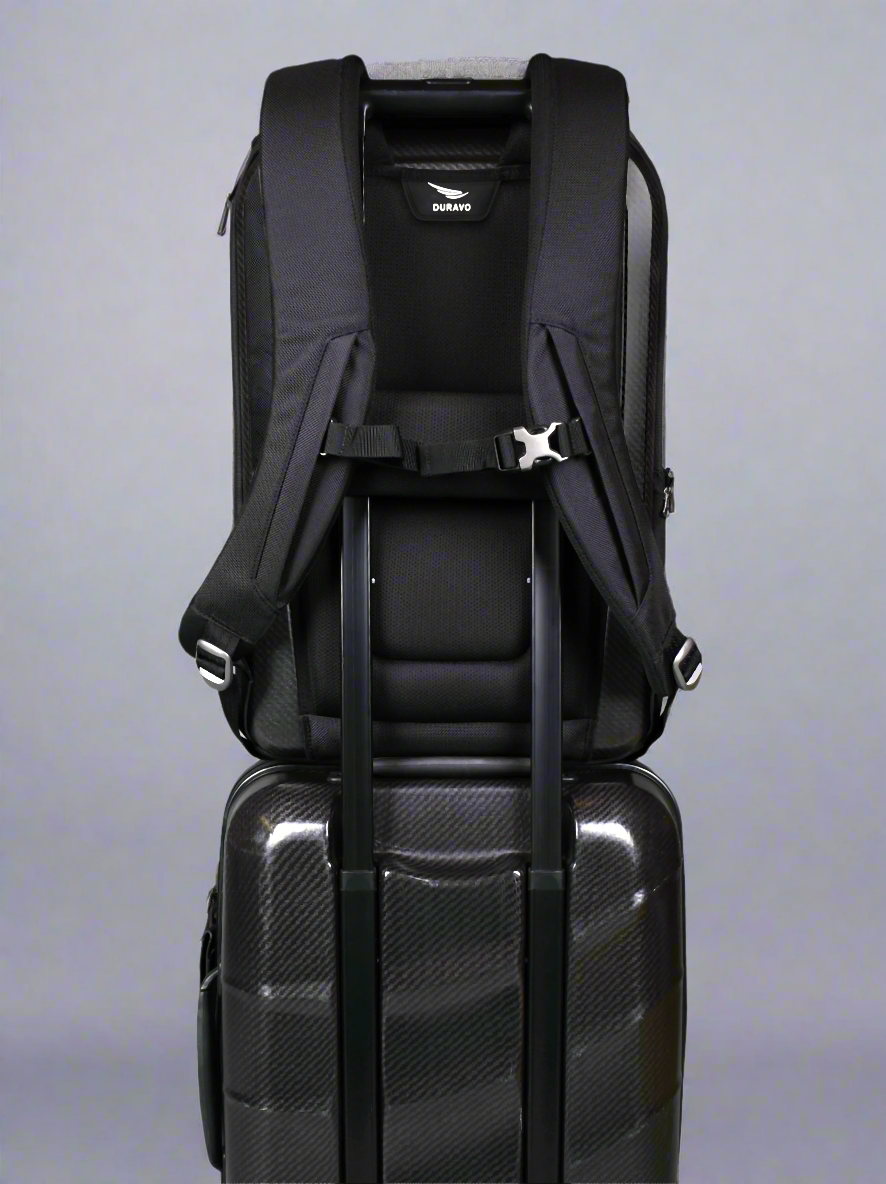 agile business backpack on top of Duravo suitcase front handle perfect fit Duravo Trolley Sleeve fitting on carry-on compatible with most carry-ons