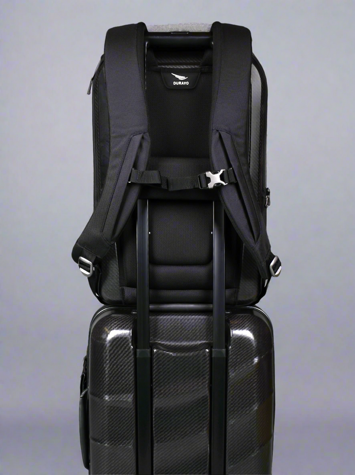 agile business backpack on top of Duravo suitcase front handle perfect fit Duravo Trolley Sleeve fitting on carry-on compatible with most carry-ons
