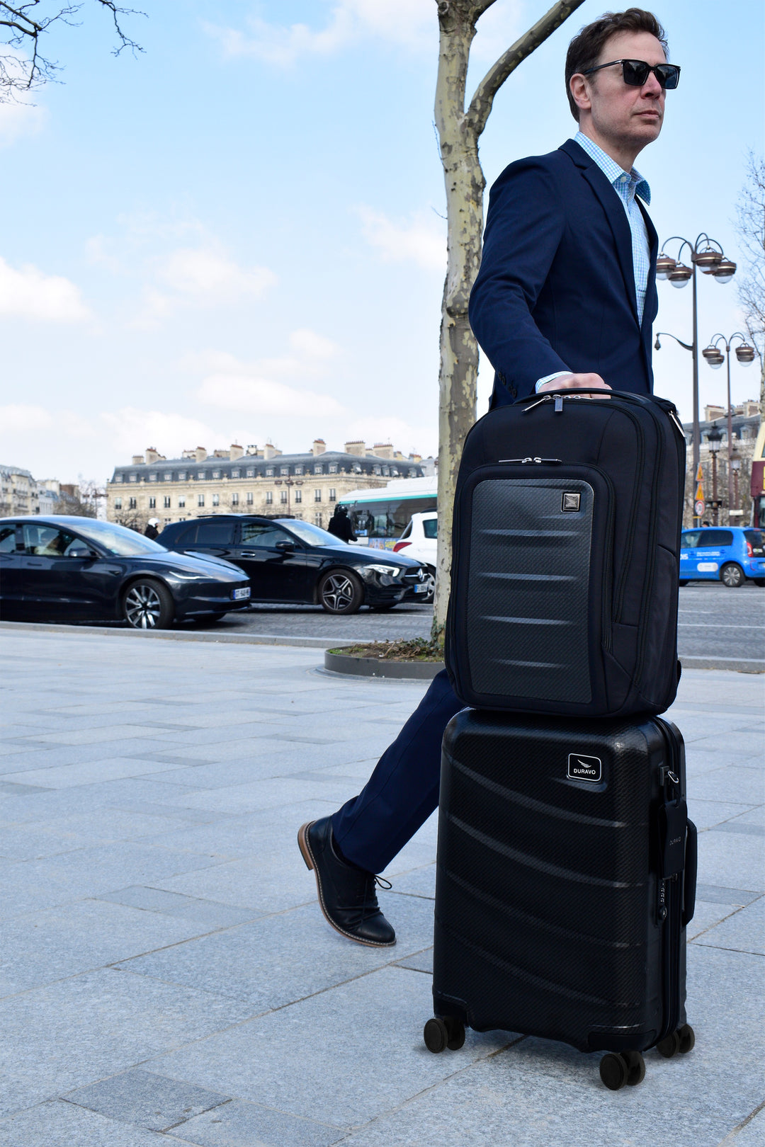 Executive Carbon Travel Set - Expandable Carry-On Luggage with Venture Full Backpack